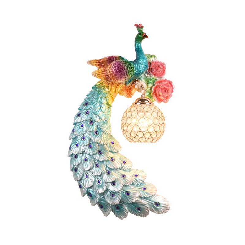 1/2-Pack Blue/Green Peacock Wall Light Fixture 8"/10" Wide 1 Head Retro Style Resin Wall Lamp with Crystal Global Shade, Left/Right