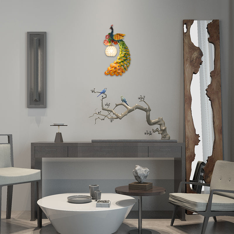 1/2-Pack Blue/Green Peacock Wall Light Fixture 8"/10" Wide 1 Head Retro Style Resin Wall Lamp with Crystal Global Shade, Left/Right