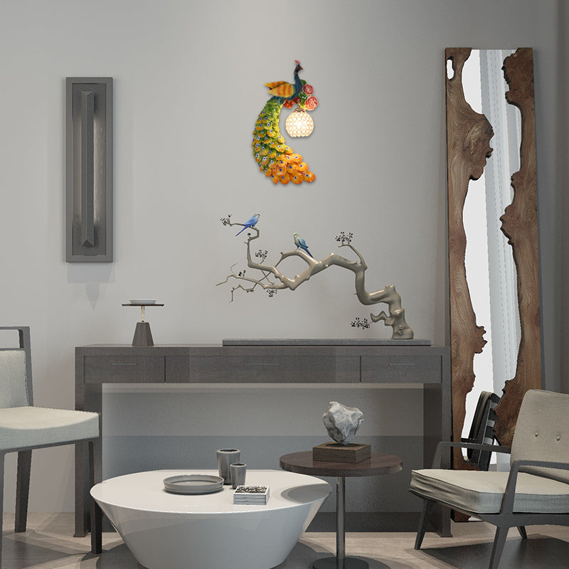 1/2-Pack Blue/Green Peacock Wall Light Fixture 8"/10" Wide 1 Head Retro Style Resin Wall Lamp with Crystal Global Shade, Left/Right