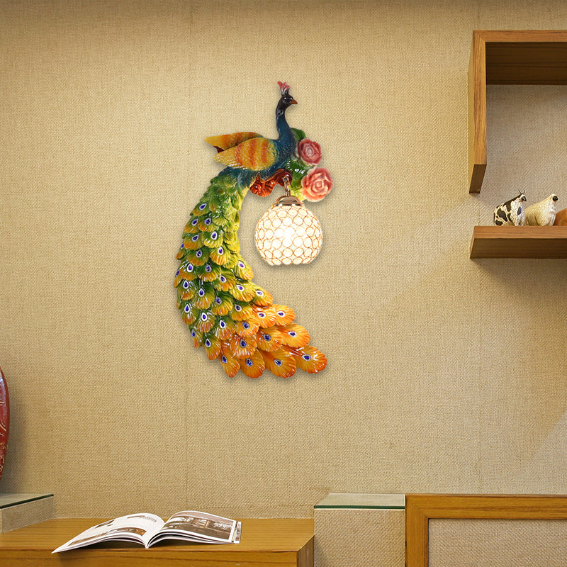 1/2-Pack Blue/Green Peacock Wall Light Fixture 8"/10" Wide 1 Head Retro Style Resin Wall Lamp with Crystal Global Shade, Left/Right