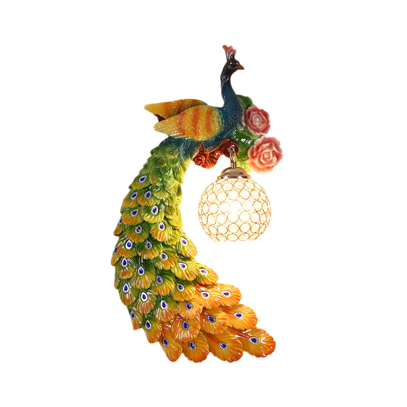 1/2-Pack Blue/Green Peacock Wall Light Fixture 8"/10" Wide 1 Head Retro Style Resin Wall Lamp with Crystal Global Shade, Left/Right