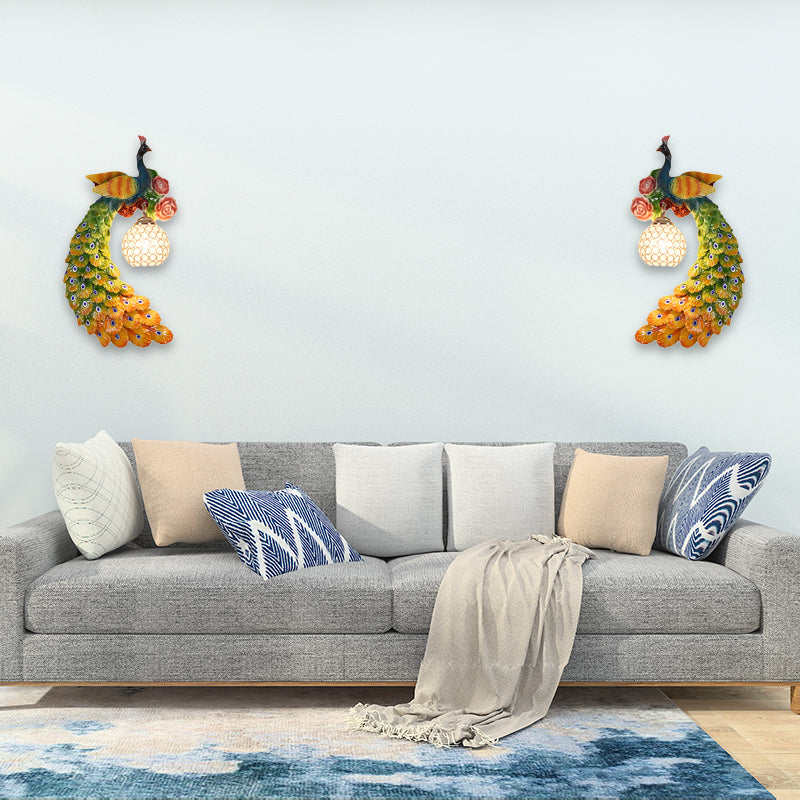 1/2-Pack Blue/Green Peacock Wall Light Fixture 8"/10" Wide 1 Head Retro Style Resin Wall Lamp with Crystal Global Shade, Left/Right