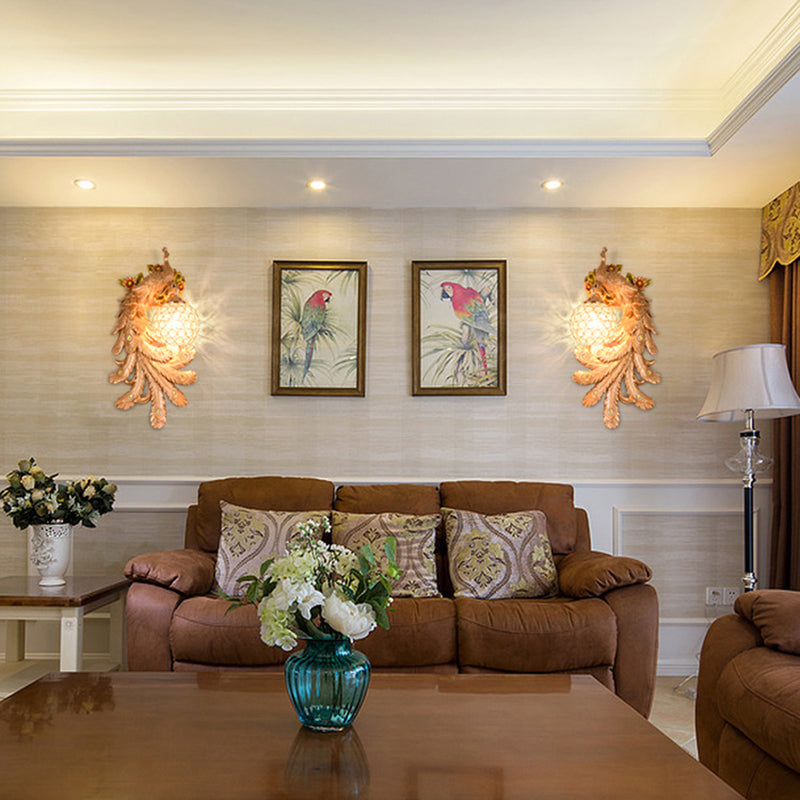 Lámpara de cristal y resina de luz de luz de pared abovedada con placa de pavo real izquierda/derecha en oro/verde, 1/2 paquetes