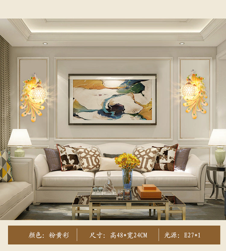 Lámpara de cristal y resina de luz de luz de pared abovedada con placa de pavo real izquierda/derecha en oro/verde, 1/2 paquetes