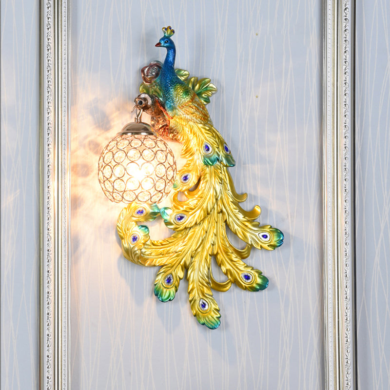 1 Light Blue/Gold Peacock Wall Lamp Country Resin 1/2-Pack Sconce Lighting with Crystal Globe Shade, Double/Right/Left