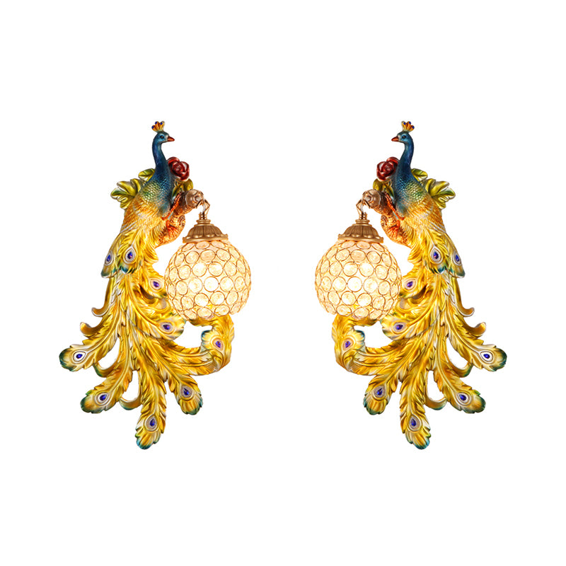 1 Light Blue/Gold Peacock Wall Lamp Country Resin 1/2-Pack Sconce Lighting with Crystal Globe Shade, Double/Right/Left