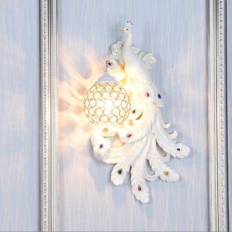 1 Light Blue/Gold Peacock Wall Lamp Country Resin 1/2-Pack Sconce Lighting with Crystal Globe Shade, Double/Right/Left