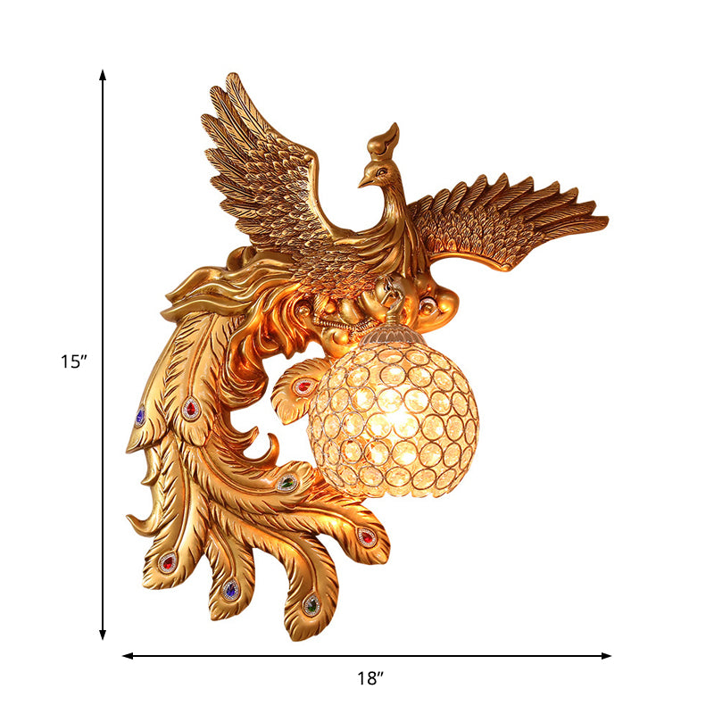 Lodge Style Phoenix Sconce Lighting Resin 1 Lampe murale lumineuse avec une teinte de cristal de dôme en or
