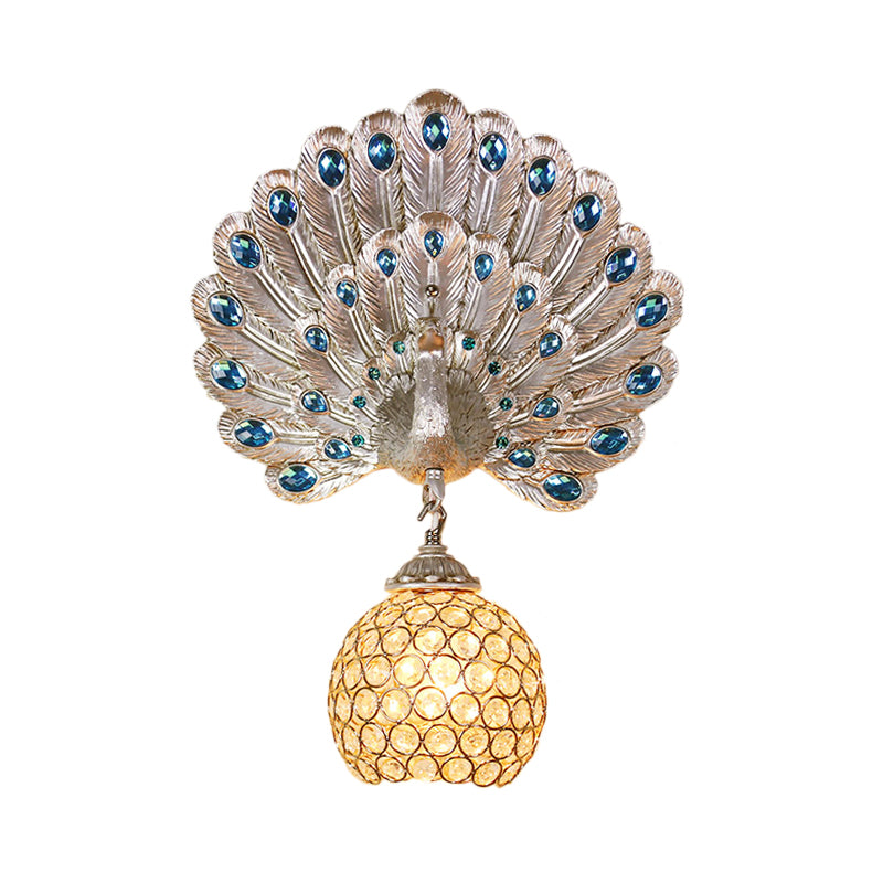 Retro Stylish Global Wall Light Sconce Clear Crystal 1 Light Wall Lamp with Peacock Backplate in Silver/White