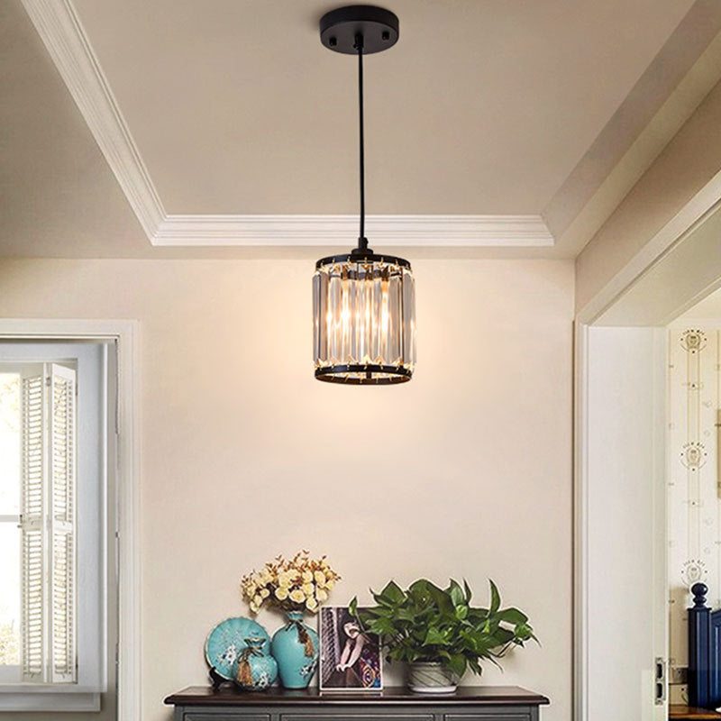 Cylinder Dining Room Pendant Lamp with K9 Crystal 1 Bulb Modernism Hanging Ceiling Light in Black