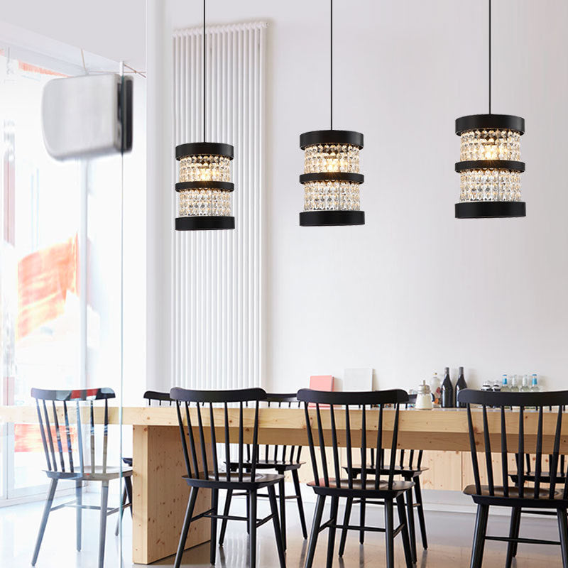 Black/Gold Cylinder Pendant Light Fixture Modernism Stylish Metal 1 Bulb Ceiling Light with Clear Crystal Beaded Strand