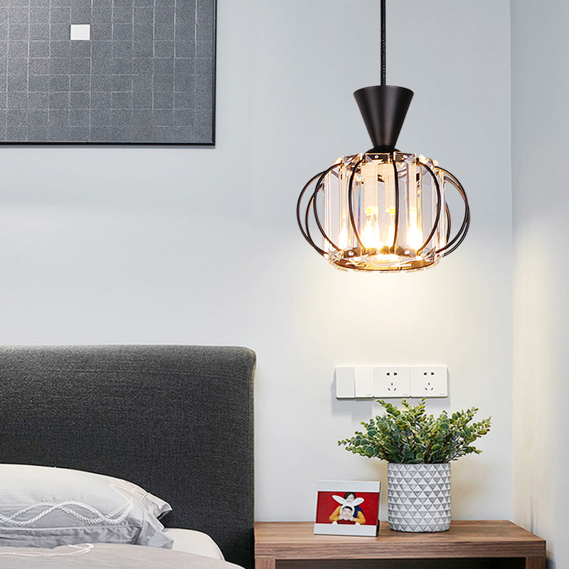 1 tête Crystal Prism Pendant Lighting Modern Eleging Hanging Lightture avec une teinte lanterne en noir / or pour la chambre