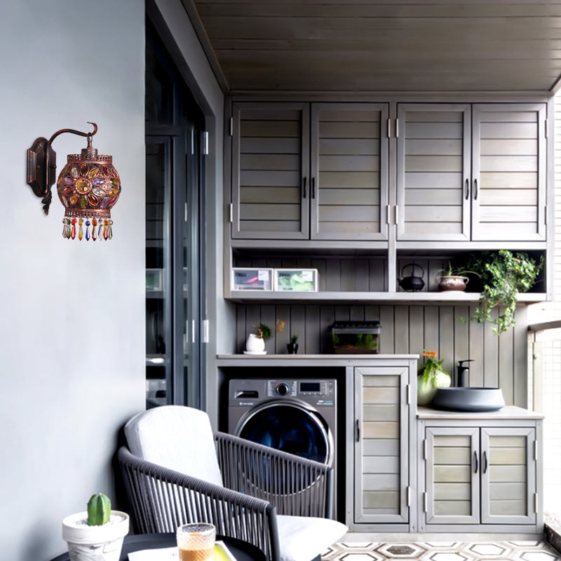 Bohemia Lantern Mur Mur Light Metal 1 Lampe de montage mural légère avec conception de fleur de cristal en cuivre antique