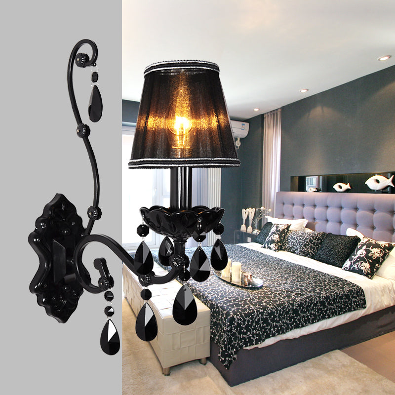 1/2-Light Cone Wall Mount Light Modernist Crystal Sconce Light with/without Shade in Polished Black for Living Room