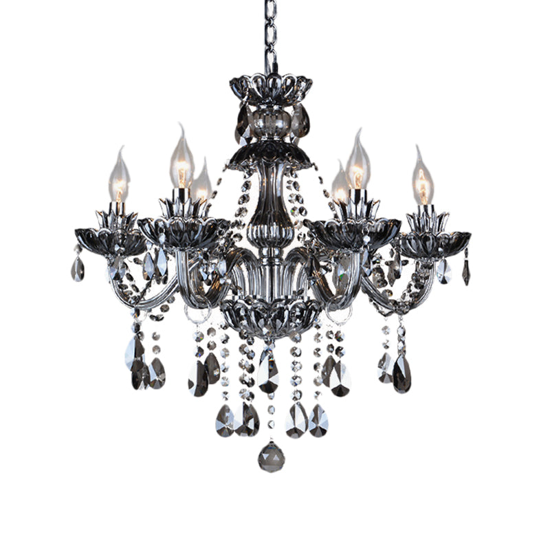 6/8 Lights Candle Chandelier Lighting Vintage Crystal and Glass Hanging Pendant Light with Curved Arm in Smoke Grey