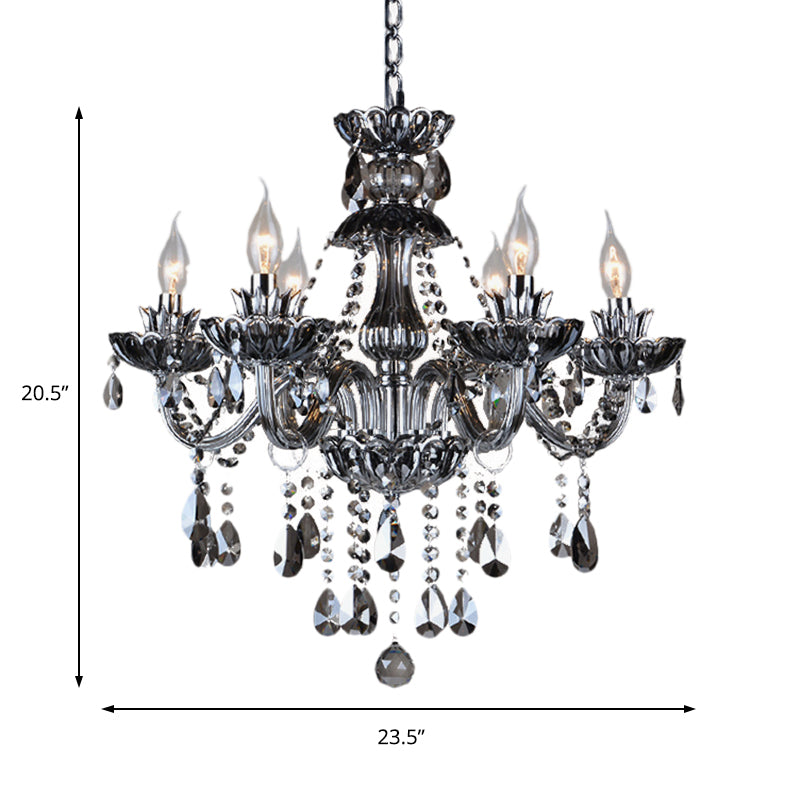 6/8 Lights Candle Chandelier Lighting Vintage Crystal and Glass Hanging Pendant Light with Curved Arm in Smoke Grey