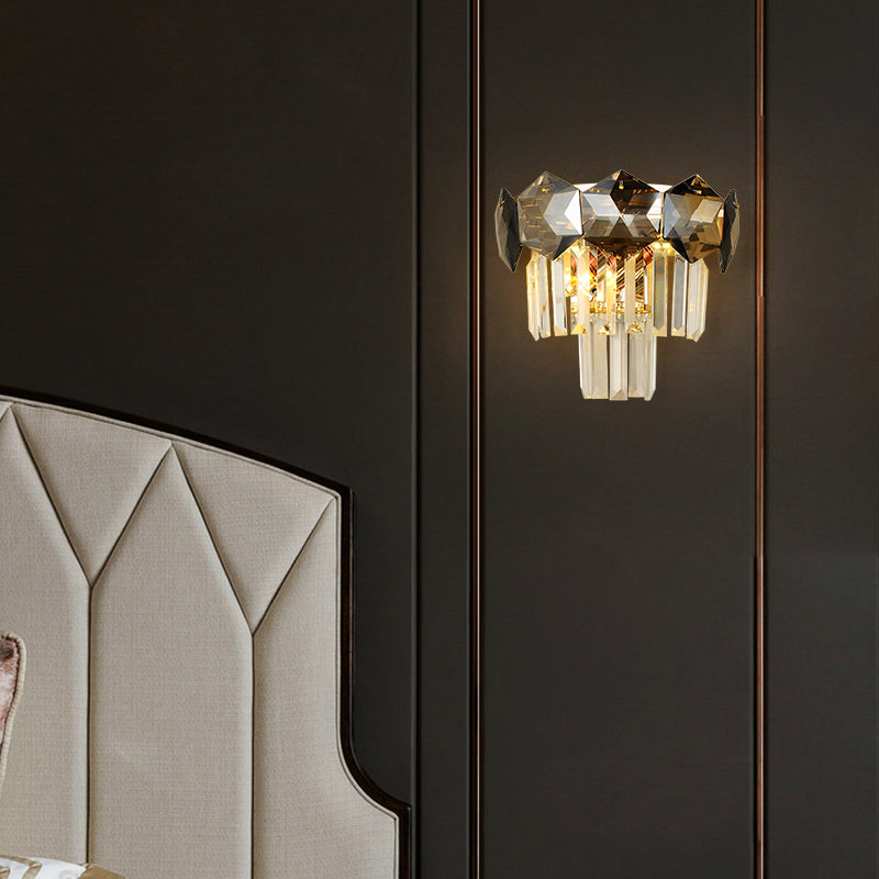 Vintage Faceted Wall Sconce Crystal Modernist 2 Bulbs Wall Light Fixture in Smoke Gray for Restaurant