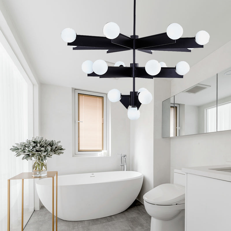 Black/Gold Finish Tiers Chandelier Lighting Modern 10/18 Lights Metal Hanging Light with Frosted Glass Ball Shade