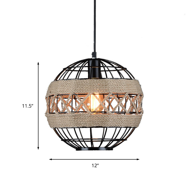 Sphere Pendant Lighting with Metal Frame and Rope Rustic 1 Light Hanging Ceiling Light in Black