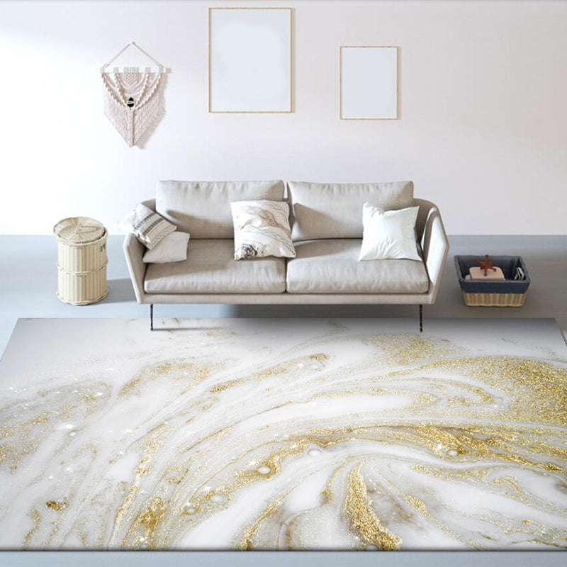Modern Watercolor Pattern Rug Golden and White Polyester Rug Washable Non-Slip Backing Area Rug for Bedroom