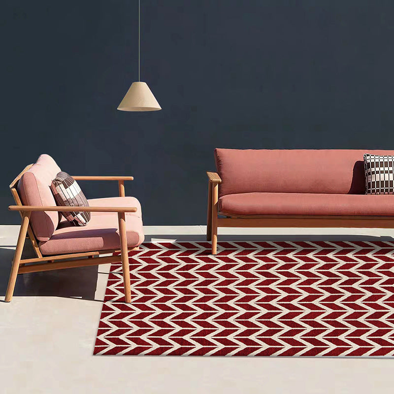 Simple Chevron Print Rug Red Polyester Rug Machine Washable Non-Slip Backing Area Rug for Bedroom