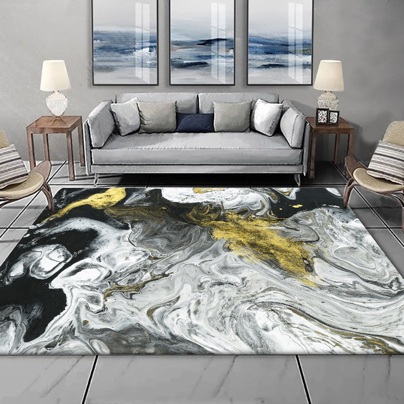 Modern Living Room Rug in White and Black Abstract Paint Pattern Rug Polyester Washable Area Rug