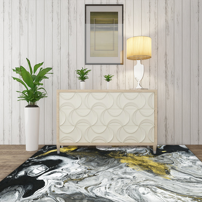 Modern Living Room Rug in White and Black Abstract Paint Pattern Rug Polyester Washable Area Rug