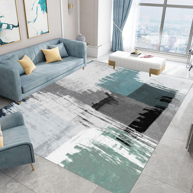 Blue and Grey Modern Rug Polyester Brushstroke Painting Print Rug Washable Non-Slip Backing Carpet for Living Room