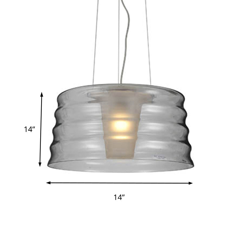 10"/14" Wide Drum Chandelier Pendant Contemporary Clear/Smoky Ruffle Glass 1 Light Led Living Room Hanging Light