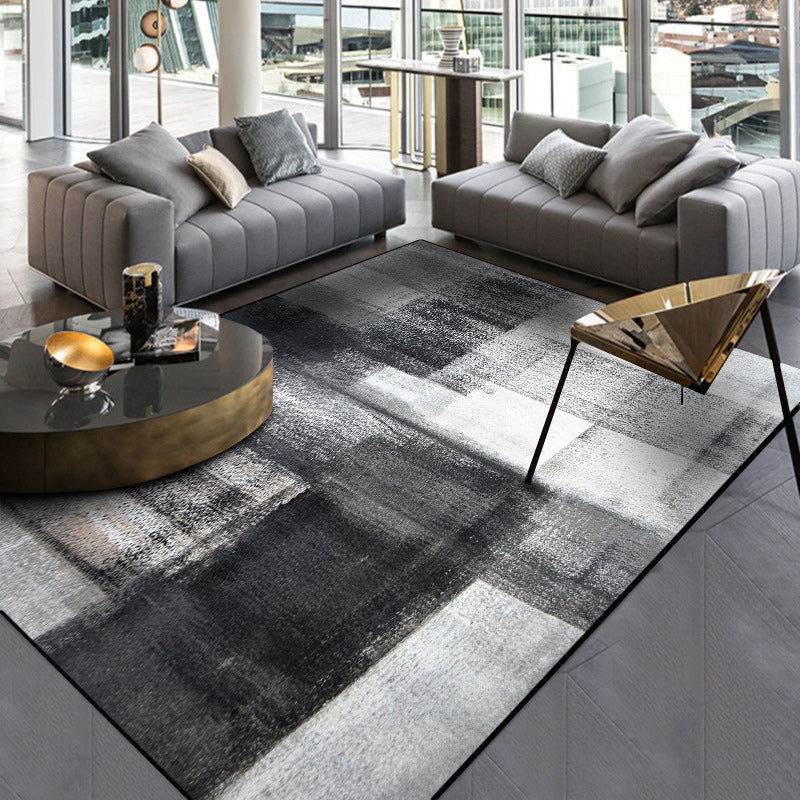 Simple Brushstroke Print Rug Black and Grey Modern Rug Polyester Washable Anti-Slip Backing Carpet for Living Room