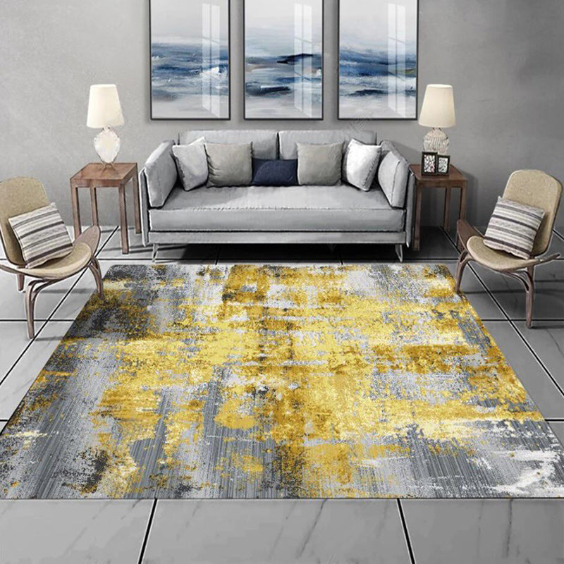 Industrial Abstract Rug Grey and Golden Polyester Rug Washable Non-Slip Backing Area Rug for Bedroom