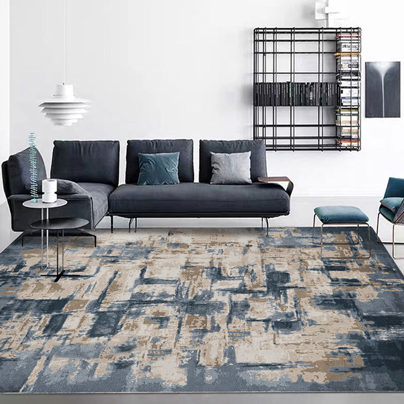 Industrial Oil Painting Pattern Rug Dark Blue Polyester Rug Washable Non-Slip Backing Area Rug for Bedroom
