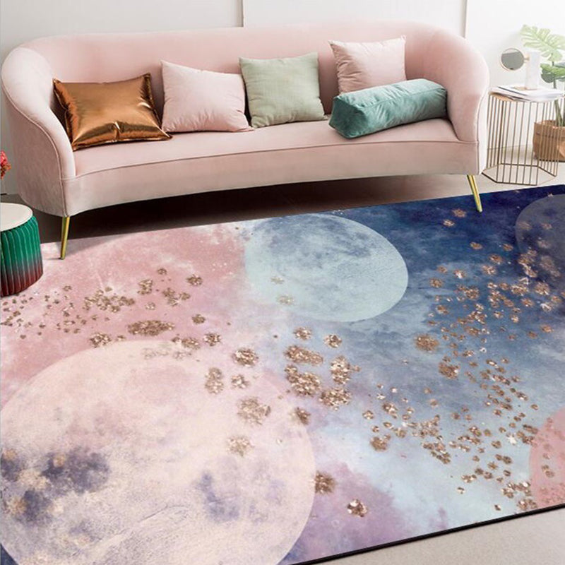 Creative Moon Pattern Rug Pink and Blue Modern Rug Polyester Washable Anti-Slip Backing Carpet for Living Room
