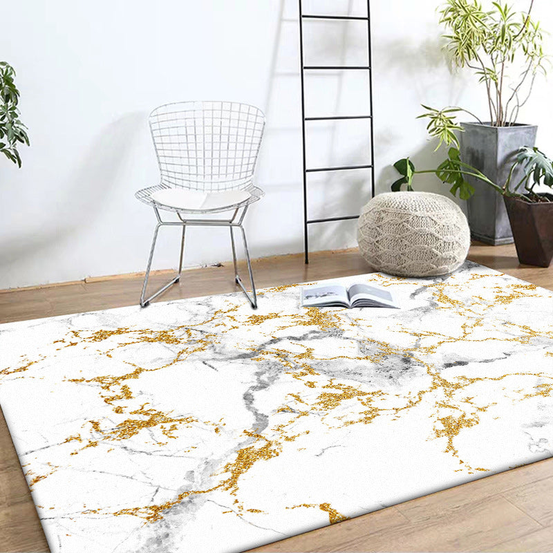 White and Golden Modern Rug Polyester Abstract Rug Washable Non-Slip Backing Carpet for Living Room