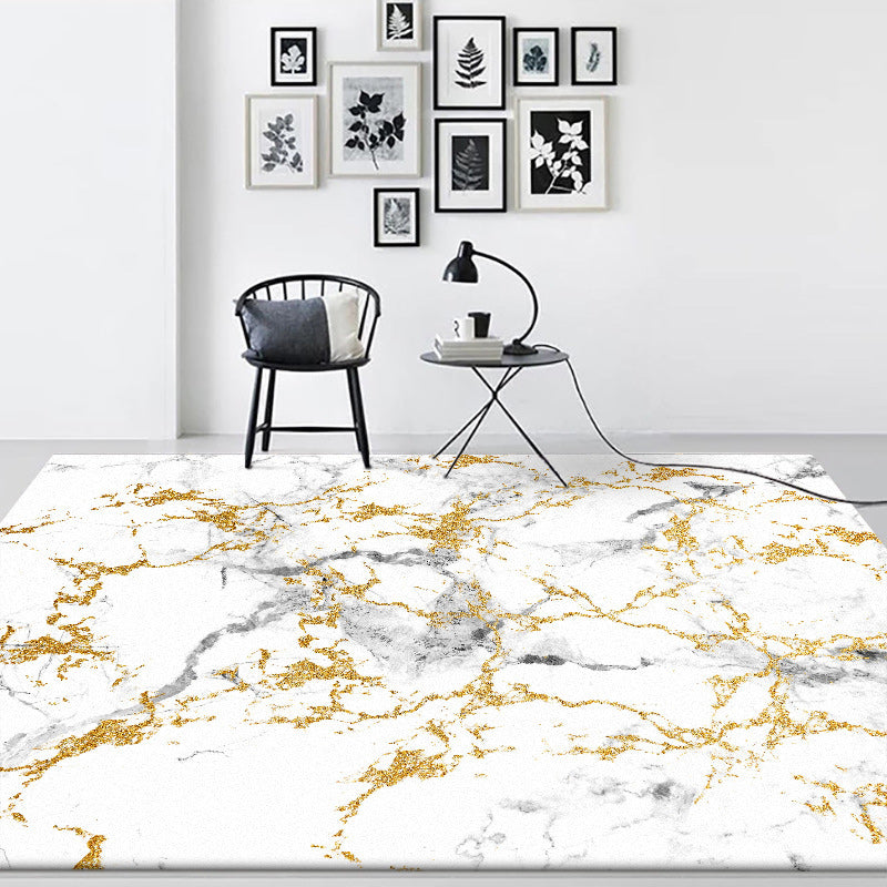White and Golden Modern Rug Polyester Abstract Rug Washable Non-Slip Backing Carpet for Living Room