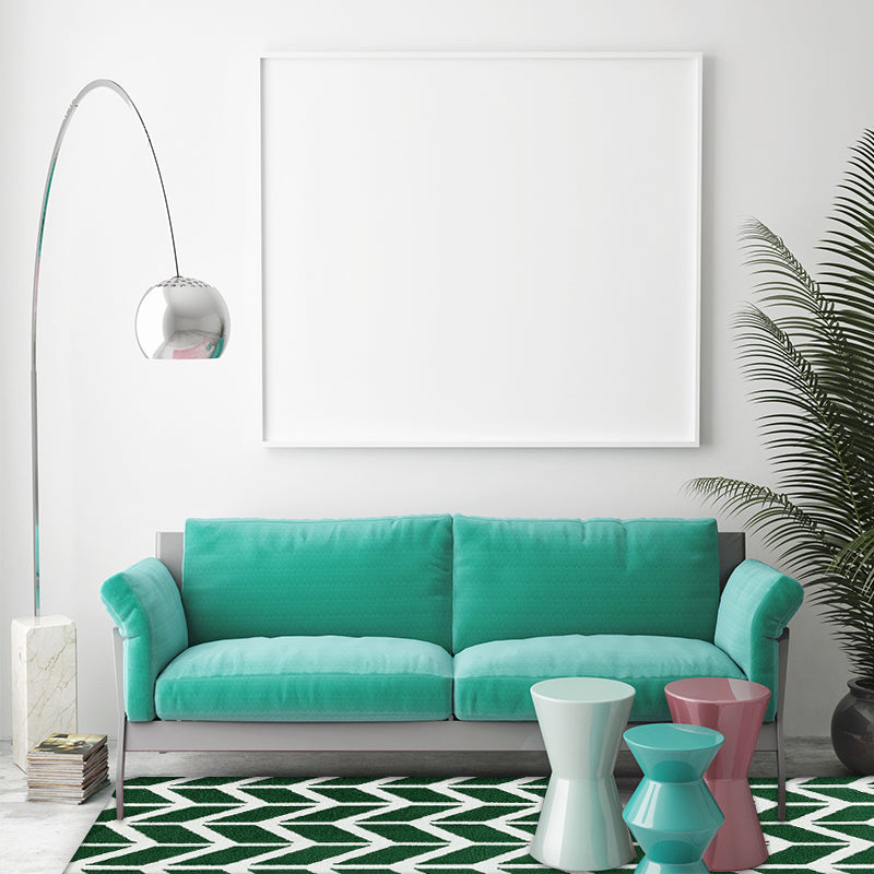 Modern Living Room Rug in Green Geometric Chevron Print Rug Polyester Machine Washable Area Rug