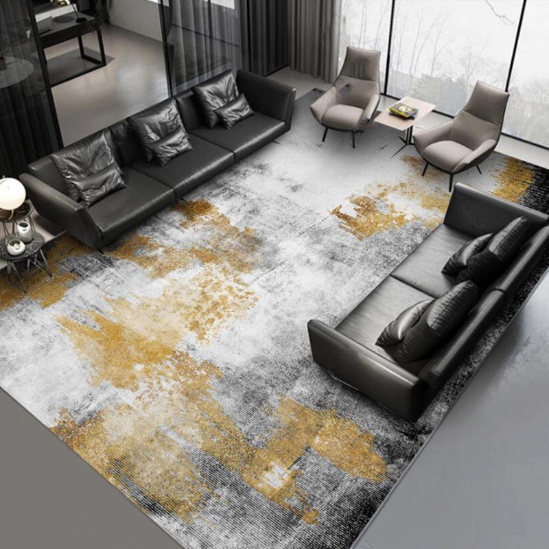 Yellow and Grey Contemporary Rug Polyester Abstract Rug Washable Non-Slip Backing Carpet for Living Room