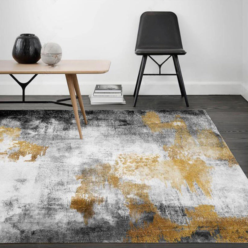 Yellow and Grey Contemporary Rug Polyester Abstract Rug Washable Non-Slip Backing Carpet for Living Room