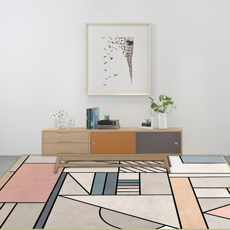 Modern Living Room Rug in Ivory Geometric Colorblock Print Rug Polyester Anti-Slip Backing Washable Area Rug