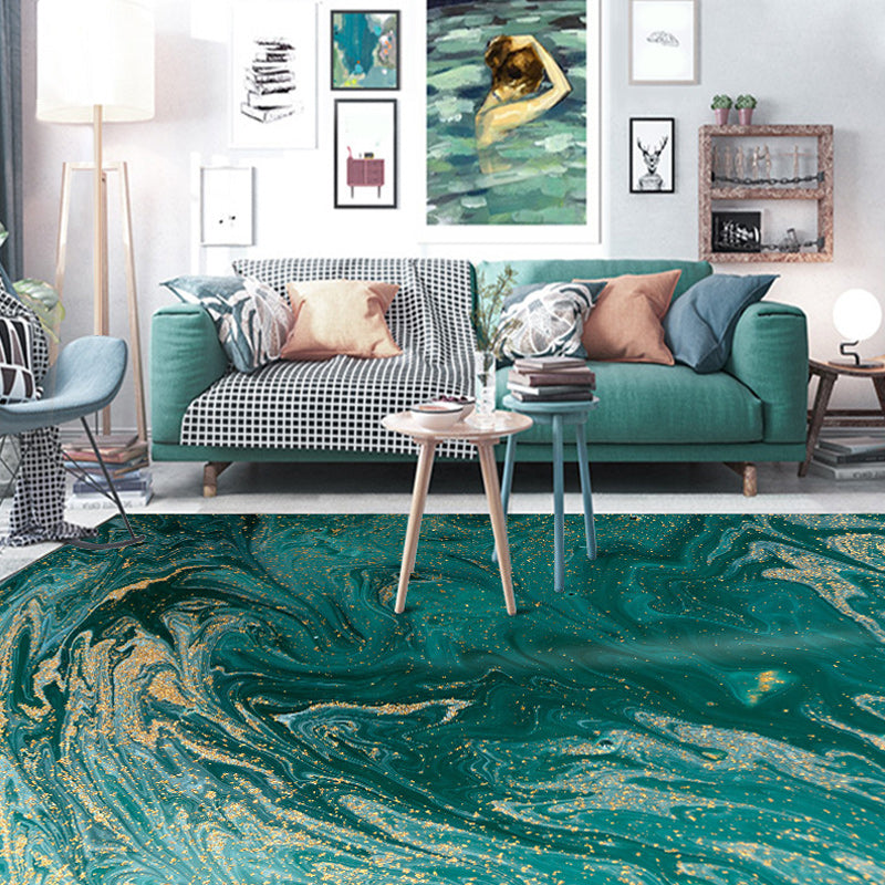 Green and Golden Contemporary Rug Polyester Watercolor Pattern Rug Washable Non-Slip Backing Carpet for Living Room