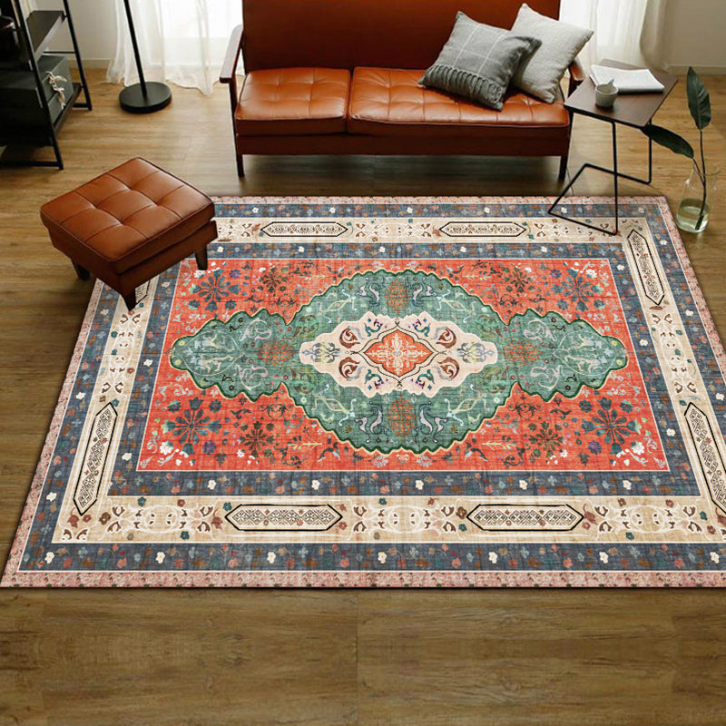 Persian Moroccan Rug in Orange Medallion Flower Pattern Rug Polyester Washable Anti-Slip Carpet for Home Decoration