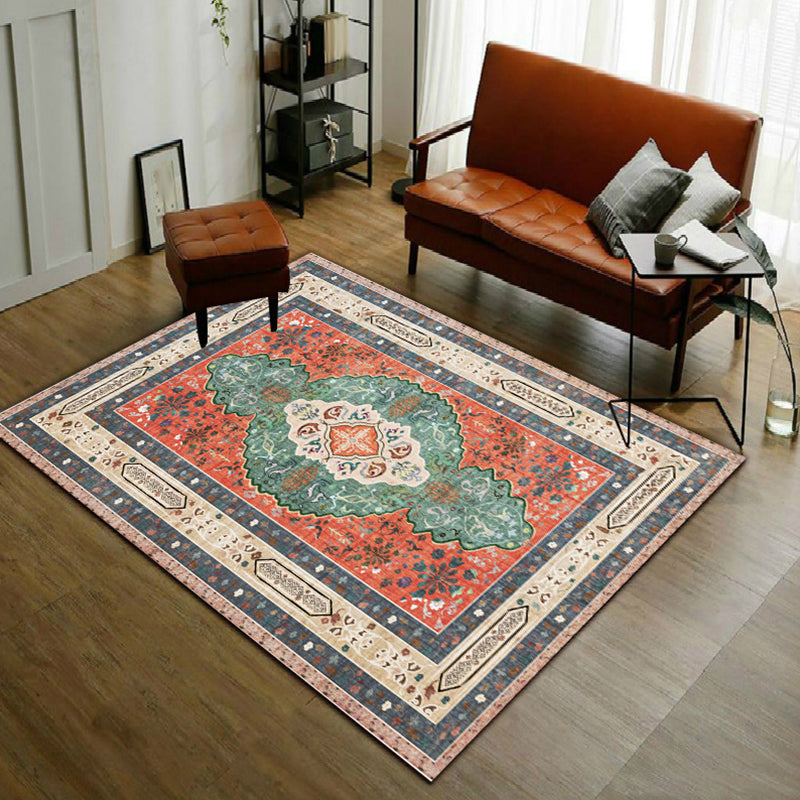 Persian Moroccan Rug in Orange Medallion Flower Pattern Rug Polyester Washable Anti-Slip Carpet for Home Decoration