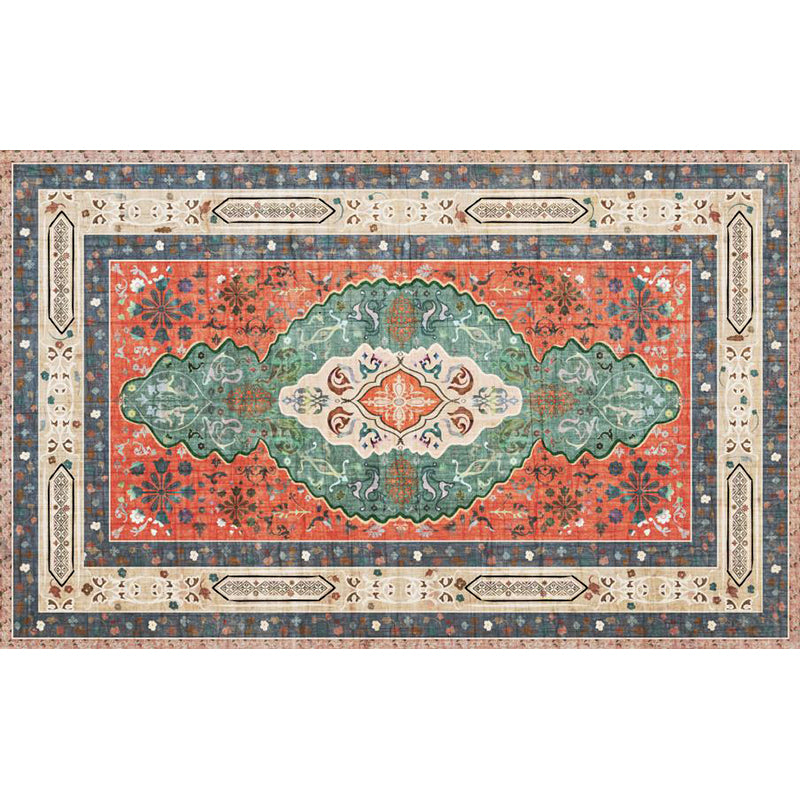 Persian Moroccan Rug in Orange Medallion Flower Pattern Rug Polyester Washable Anti-Slip Carpet for Home Decoration