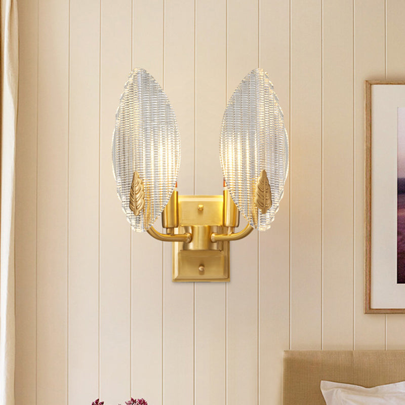 Brass 1/2-Bulb Sconce Light Vintage Clear Fluted Glass Leaf-Shaped Wall Lighting Idea
