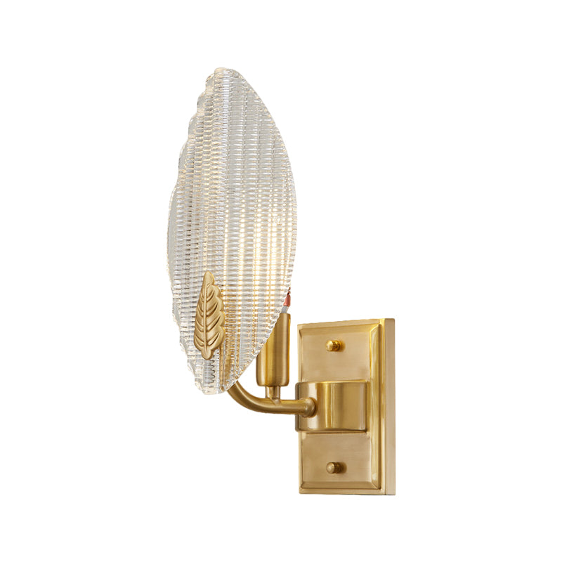 Brass 1/2-Bulb Sconce Light Vintage Clear Fluted Glass Leaf-Shaped Wall Lighting Idea