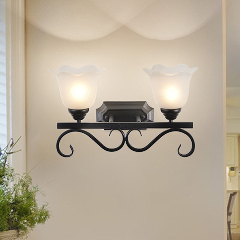 Frosted Glass Black Sconce Light Blossom Single Head Cottage Wall Lighting Idea for Guest Room