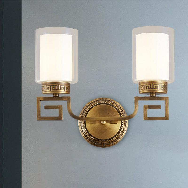 2 Bulbs Wall Sconce Light Traditional Dual Cylinder Clear and White Glass Wall Mount Lighting in Brass
