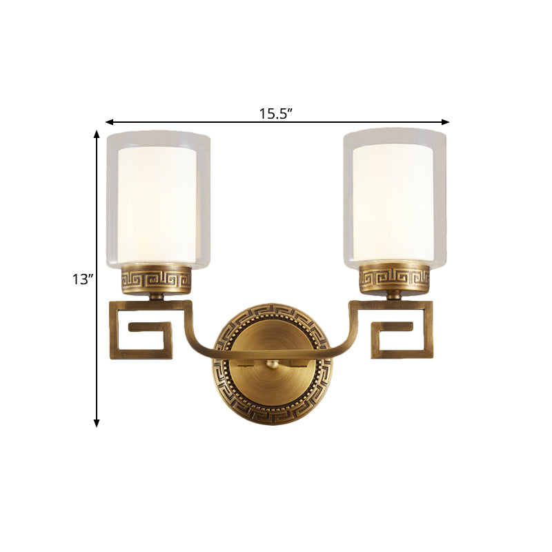 2 Bulbs Wall Sconce Light Traditional Dual Cylinder Clear and White Glass Wall Mount Lighting in Brass