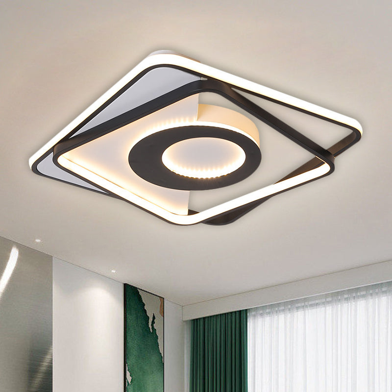 Black-White Interlaced Square Semi Flush Nordic LED Acrylic Close to Ceiling Lamp in Warm/White Light, 16"/20" Wide