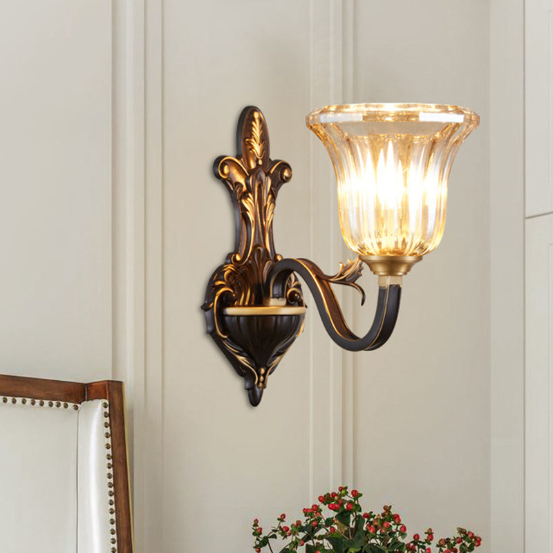 Antiqued Inverted Bell Wall Lamp 1/2-Light Ribbed Glass Wall Lighting Fixture with Curvy Arm in Brass